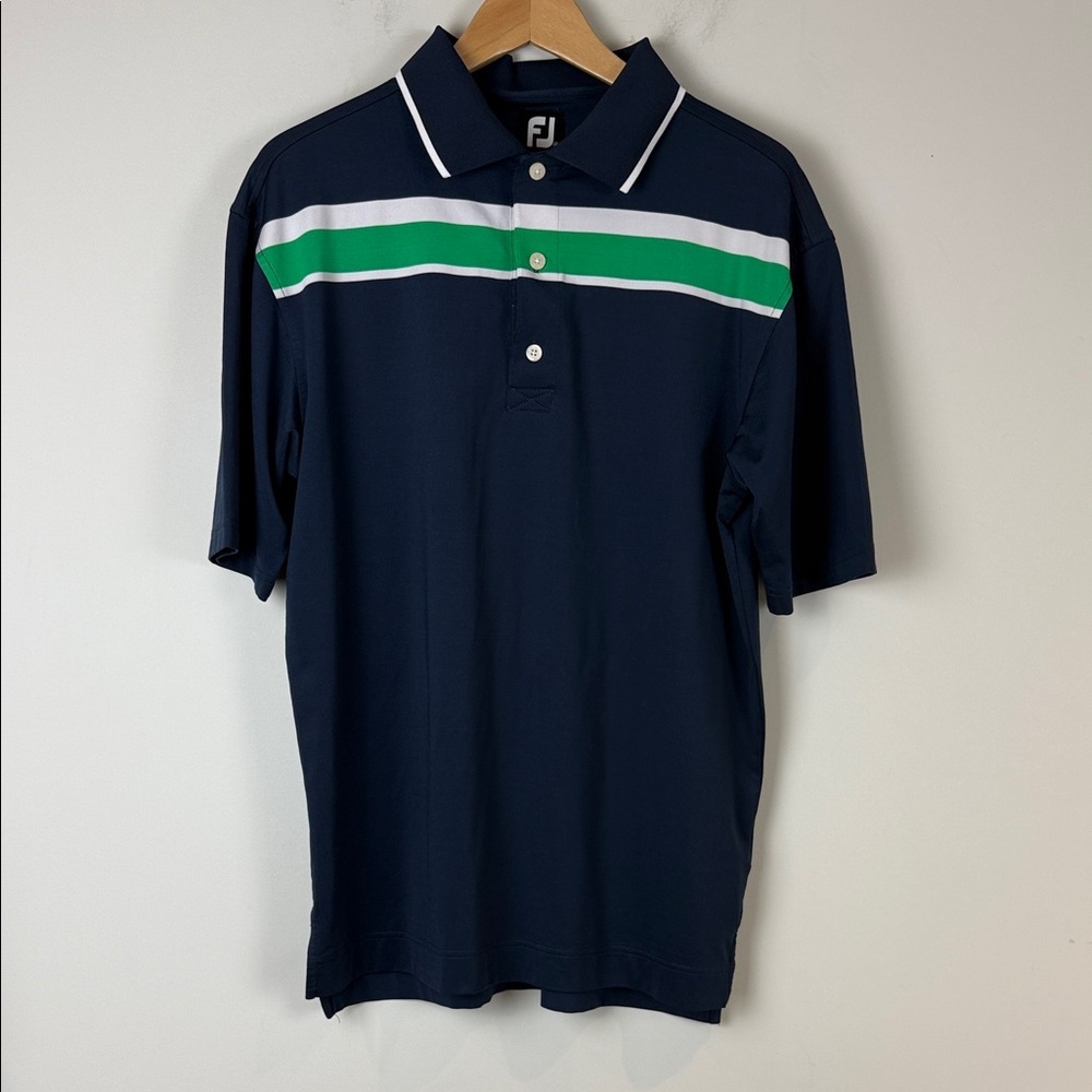 FootJoy Men's Navy Polo Golf Shirt with Green Stripe Size Medium